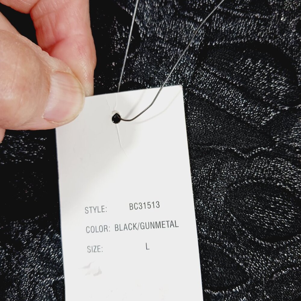 BCBG Maxazria, NWT Black Gunmetal Sheer Shiny Leggings W 3D Cutout Overlay, Goth - Picture 4 of 16
